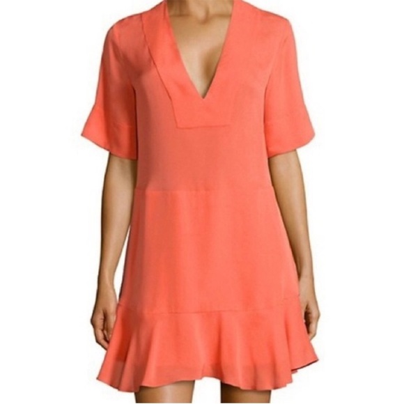 A.L.C. Delaney 100% Silk Plunge Ruffle V-Neck Mini Dress Coral Women’s Size 2
